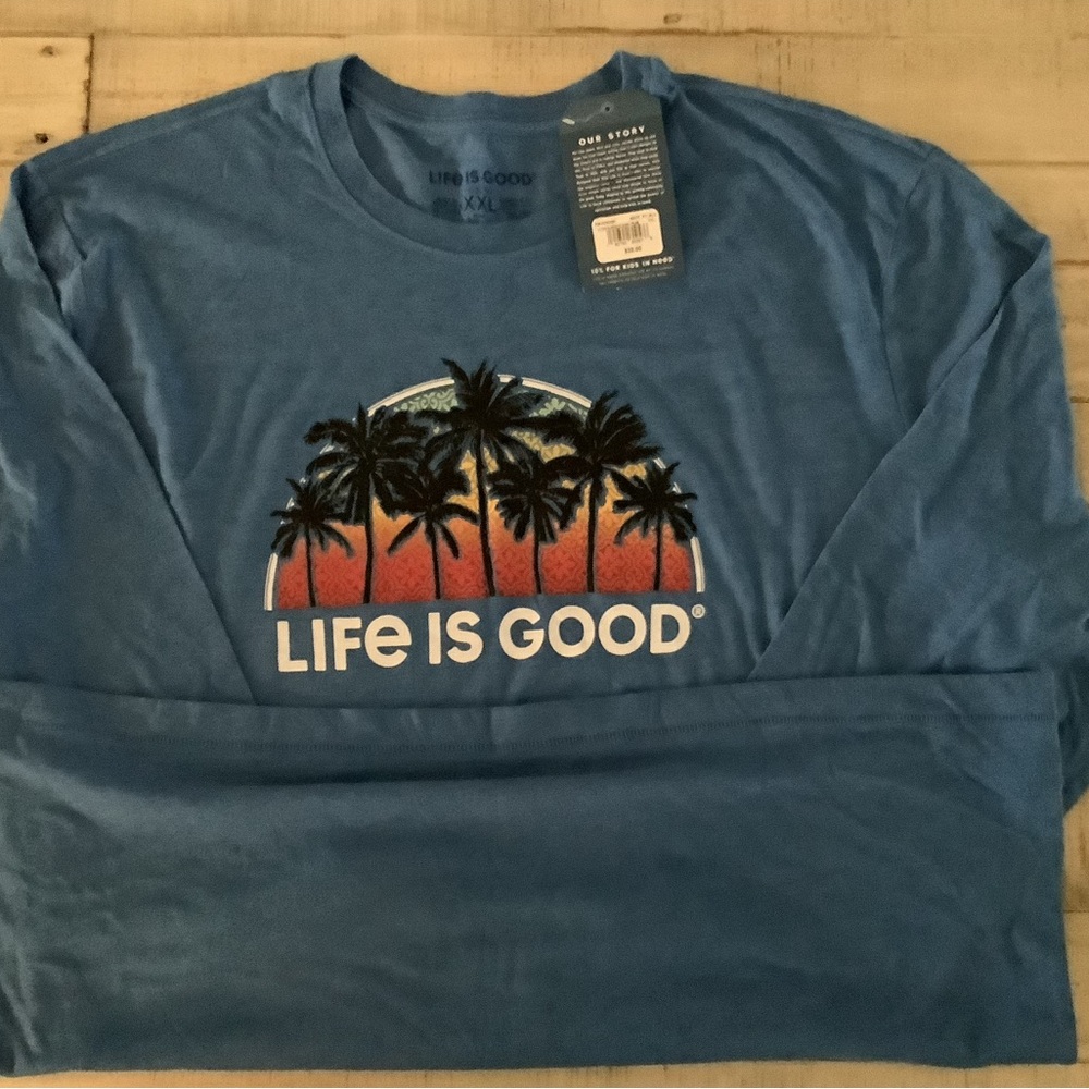 Life Is Good Blue T-Shirt with Palm Tree Design